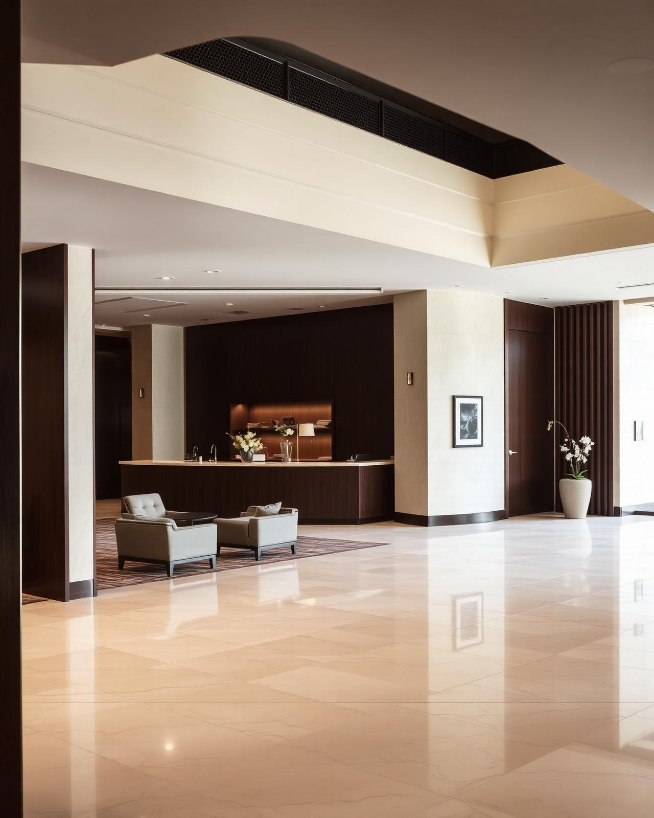Warm boutique hotel lobby with travertine floors and dark timber joinery