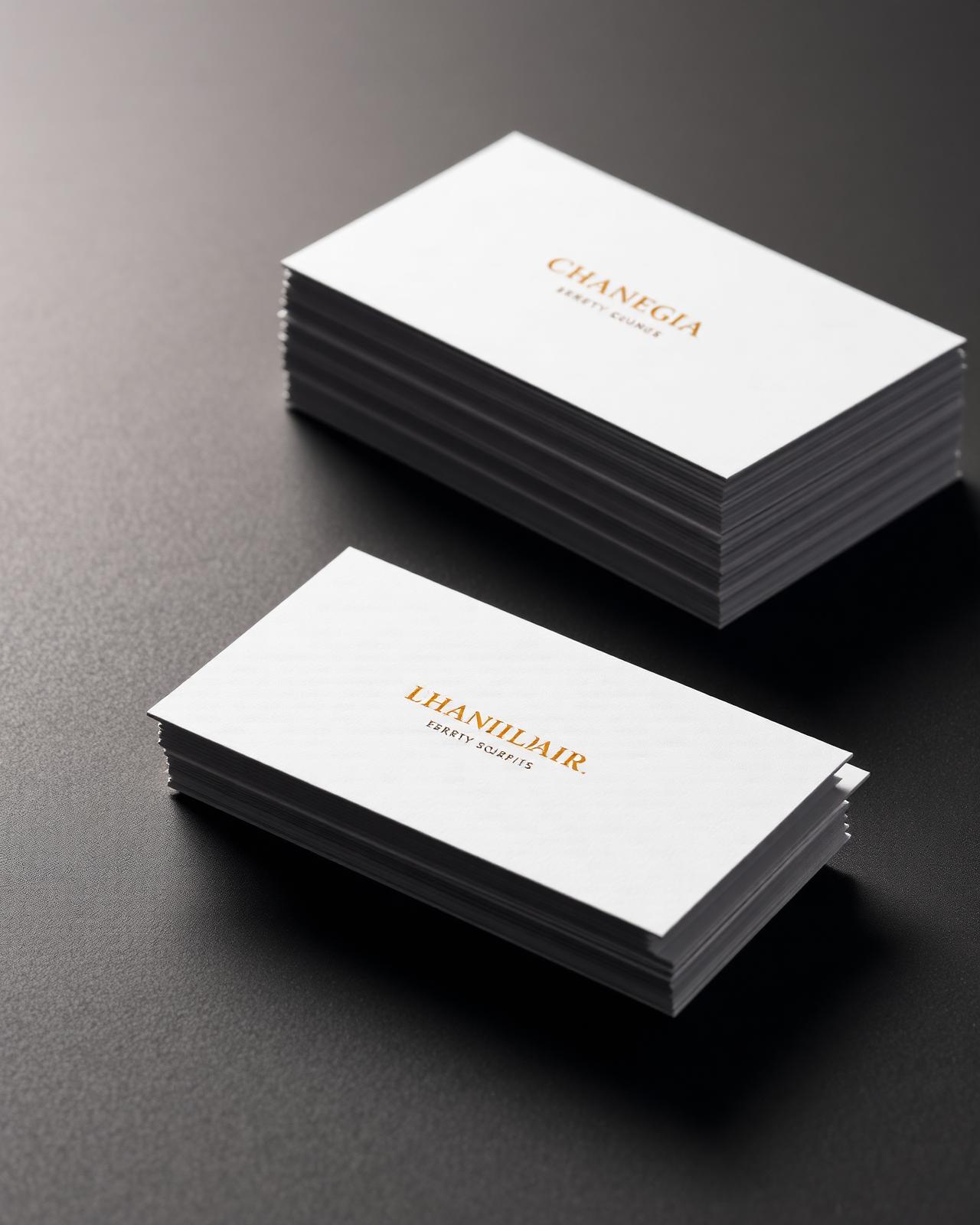 Stacked printed brand stationery with gold foil detail on a dark surface